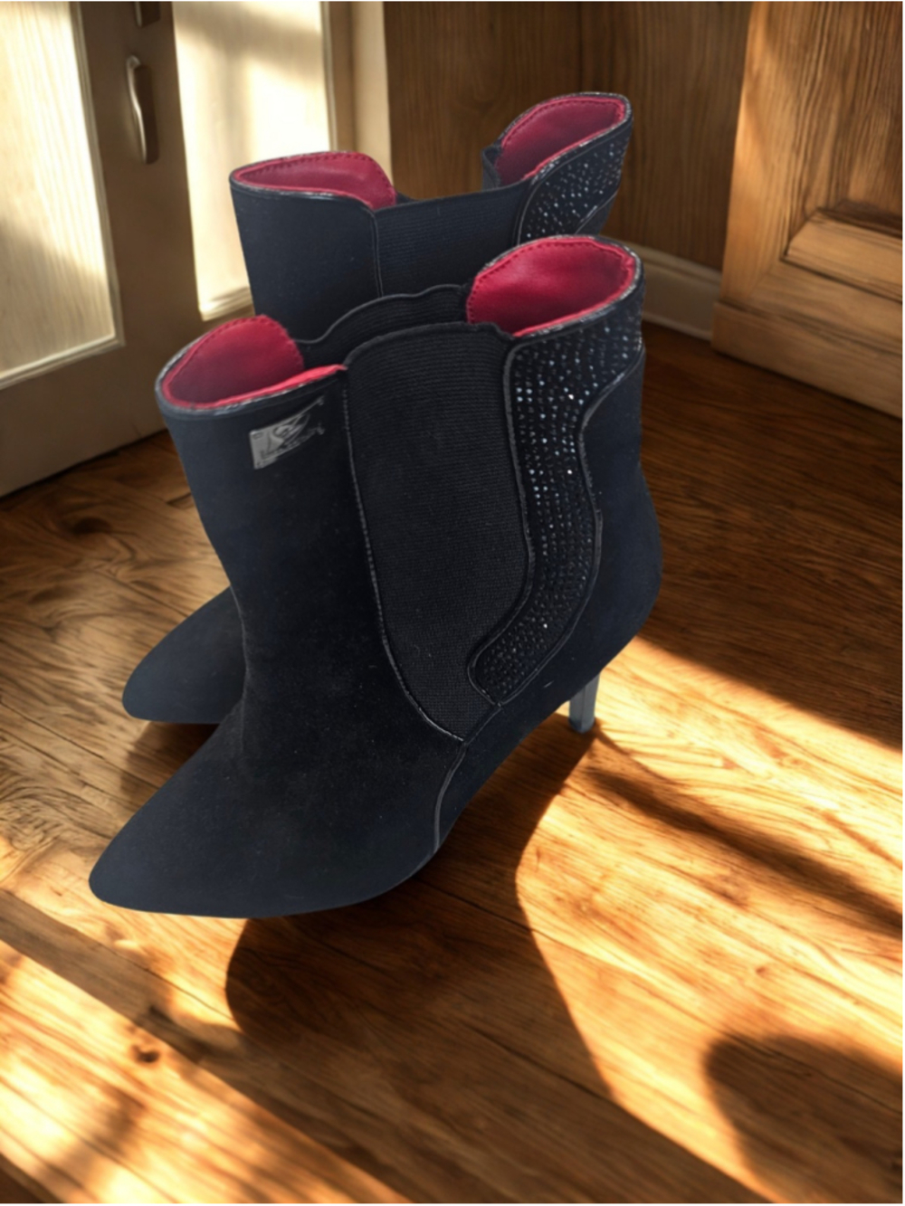 Braccialini Women's Black Suede Rhinestone Chelsea Ankle Boots Stiletto Heel